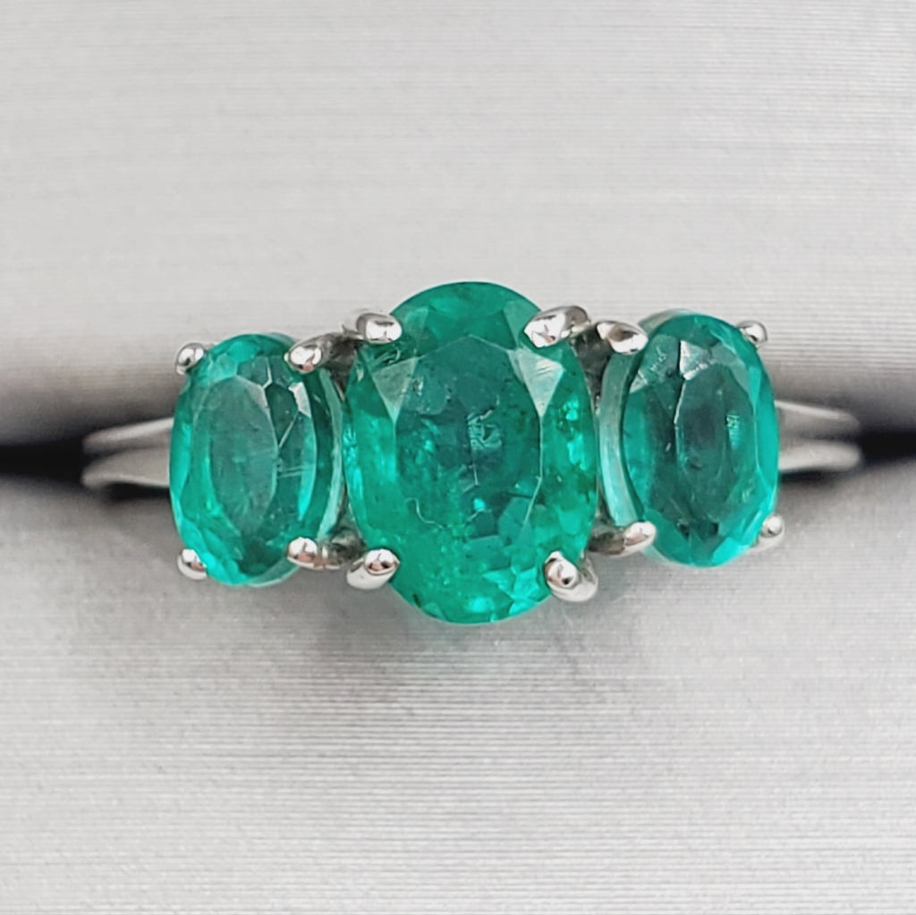Three Stone Oval Emerald Green Quartz Platinum Over 925 Sterling Silver Ring
